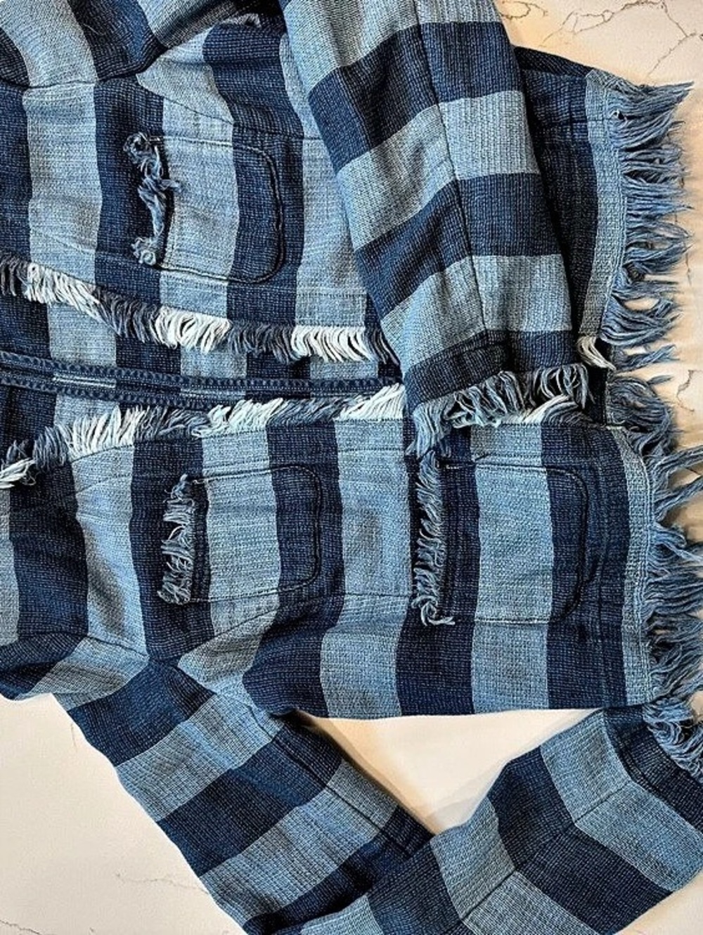AG Adriano Goldschmied Striped Fringe Jacket in Blue Size Medium